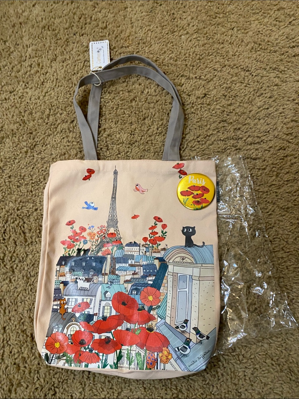 Paris Poppy Cityscape Tote Bag - Beige